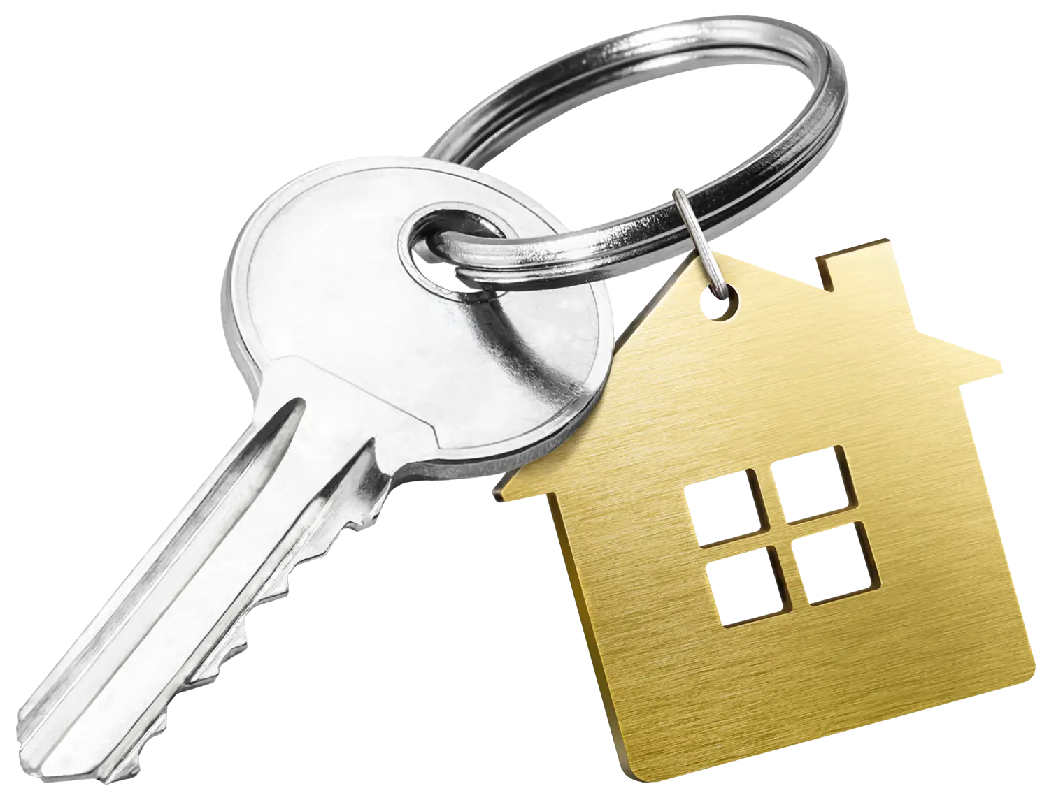 Silver key on a keyring with a gold house shaped keychain charm, symbolizing home ownership.